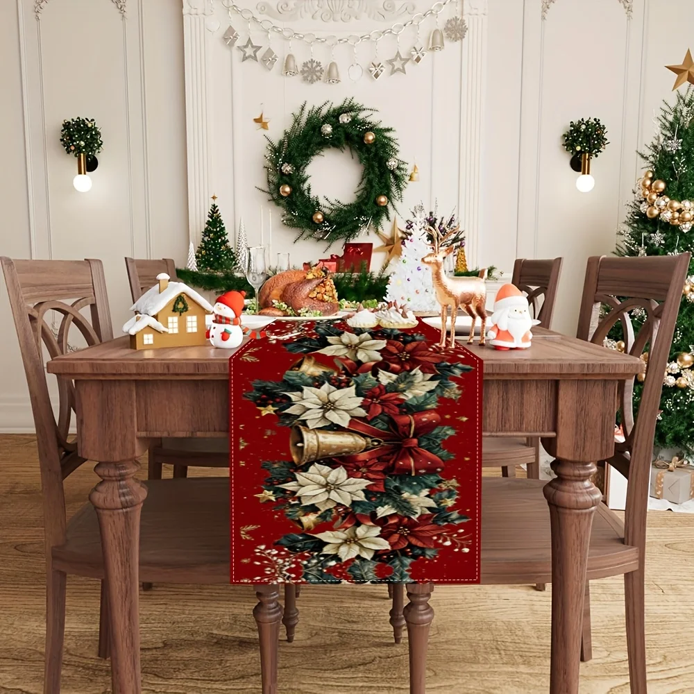 Christmas Poinsettia Flowers Table Runner Home Decor Winter Xmas Bells Berry Kitchen Dining Table Runners Christmas Decorations