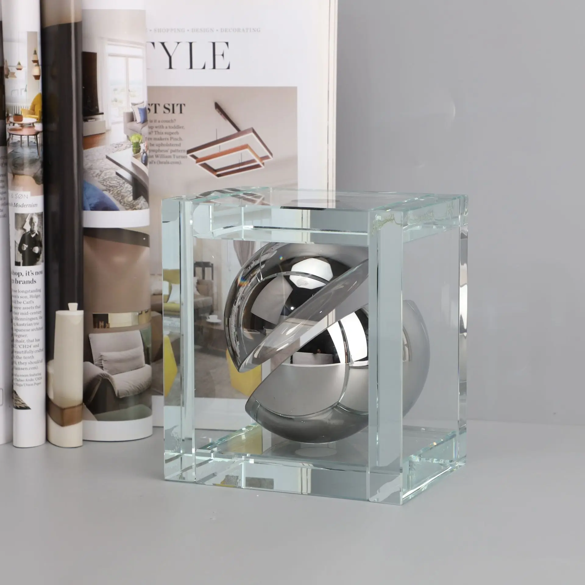 Glass Craft Clear Crystal Cube Geometric Abstract Silver Ball Glass Ornament Decorative Figurines Home Decoration Accessories