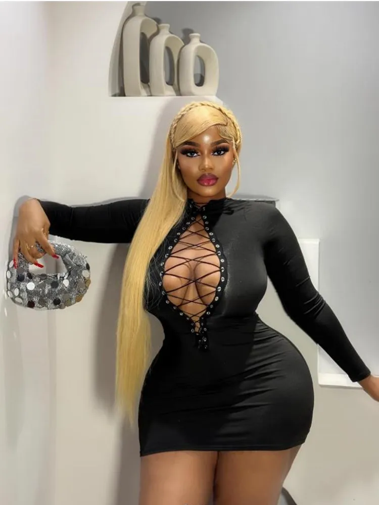 

Joskaa Hollow Out Bandage Mini Black Dress Women Hipster Sexy O-Neck Long Sleeve Body-Shaping Vestido Coquette Midnight Clubwear