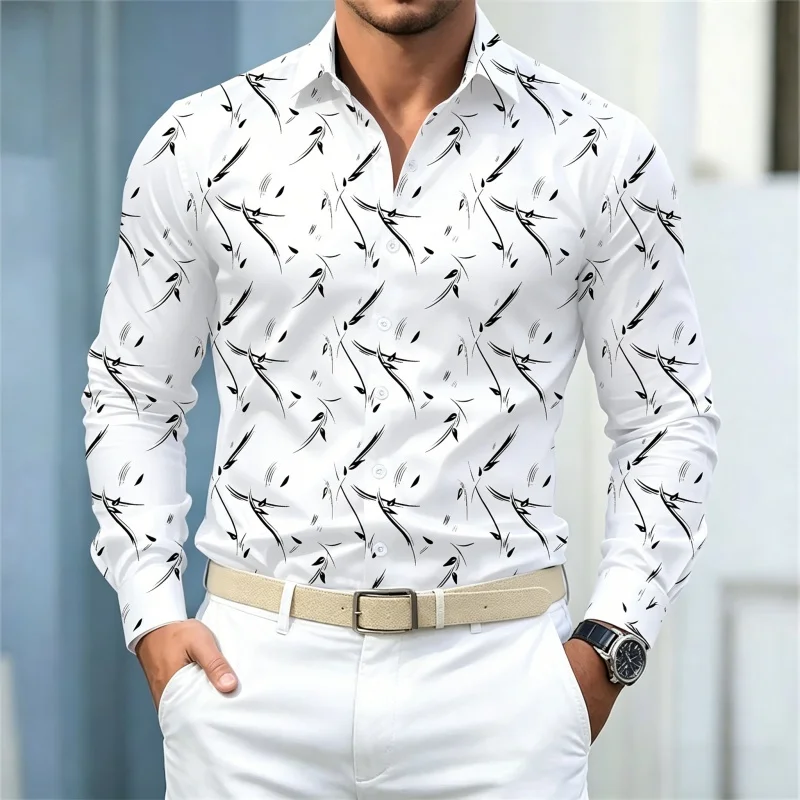 Men's shirt abstract line printed long sleeved shirt solid color slim fit shirt fashionable business casual men's clothing