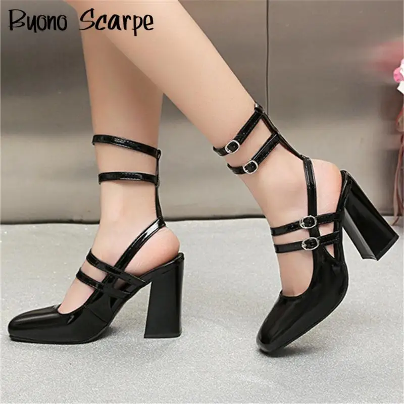 

Летние женские туфли-лодочки Мэри Джейн на высоком каблуке с квадратным носком и ремешком на щиколотке, однотонные сандалии на мелком каблуке, модная элегантная пикантная обувь в стиле вестерн