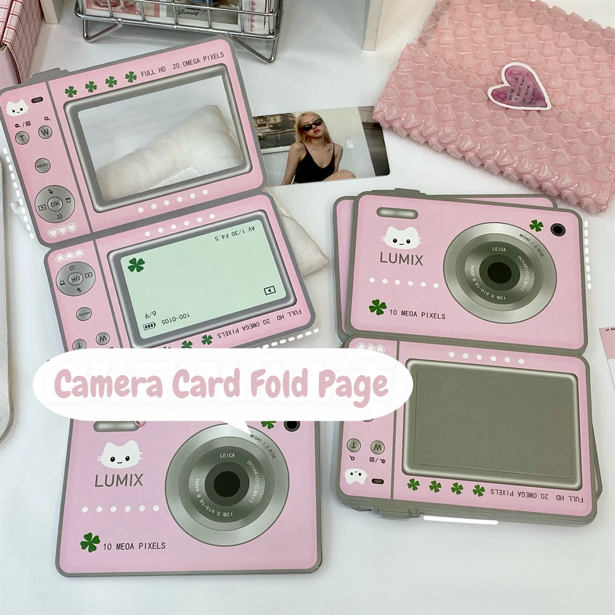 10Pcs INS Cute Pink Camera Hollow Folding Back Card Kpop 3-inch Photocard DIY Decor Window Fixed Cardboard Kawaii Card Packaging