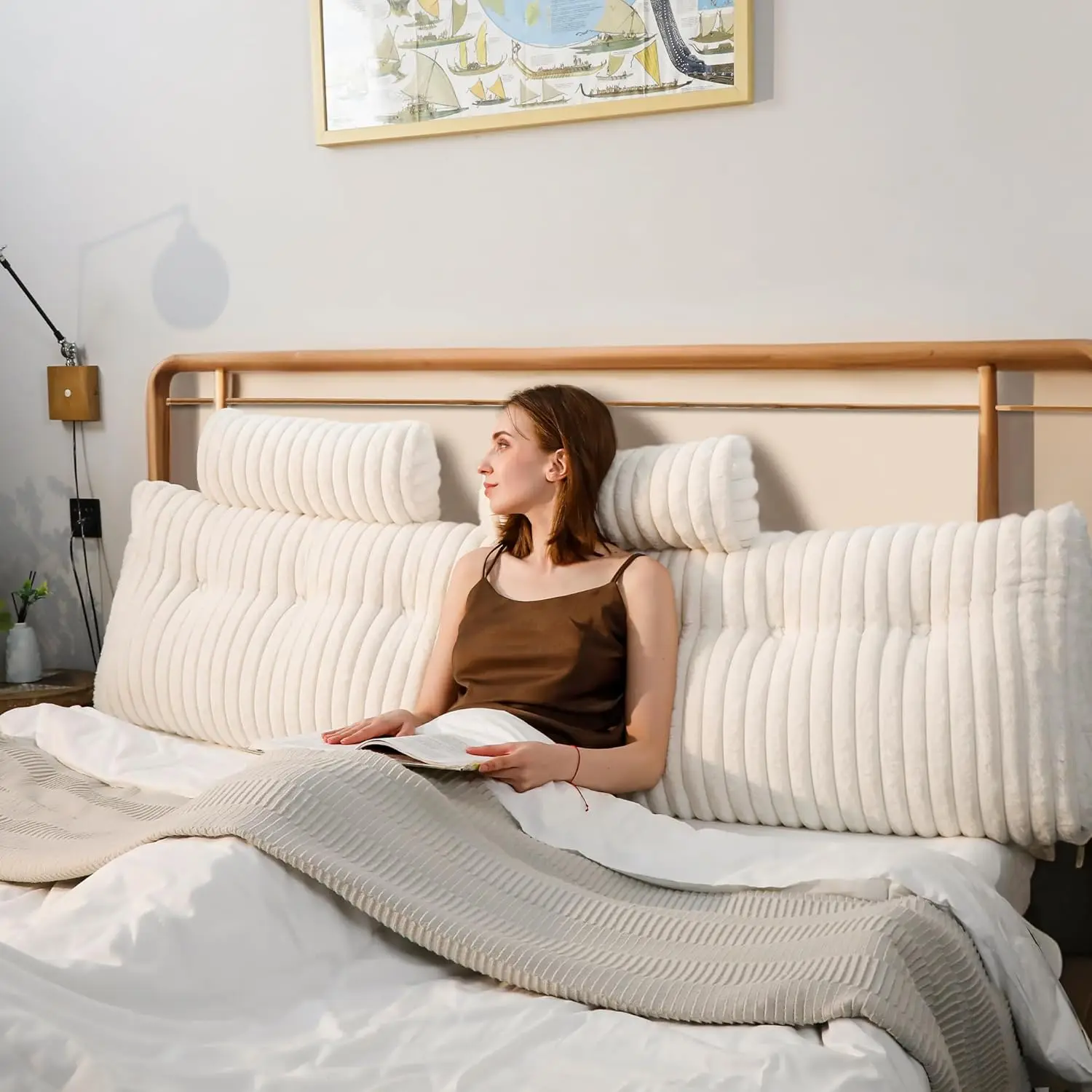 

King Size Faux Fur Headboard Pillow - Fluffy Wedge Cushion for Bed & Sofa, Washable with Pocket