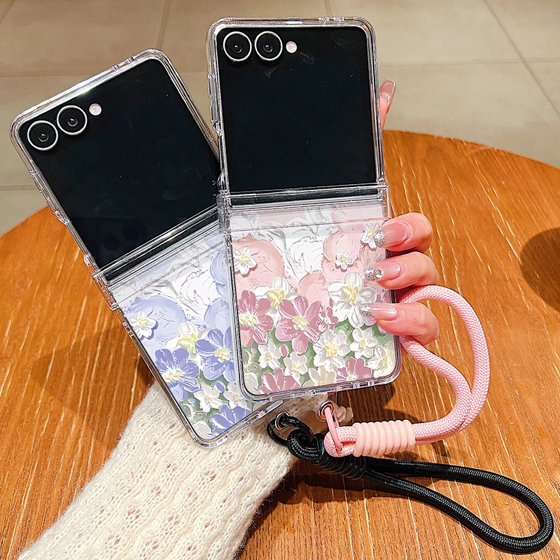 Oil Painting Flower Lanyard Phone Case For Samsung Galaxy Z Flip 8 7 FE 6 5 4 3 5G Folding Clear Cover For Samsung Z Flip7 Flip6