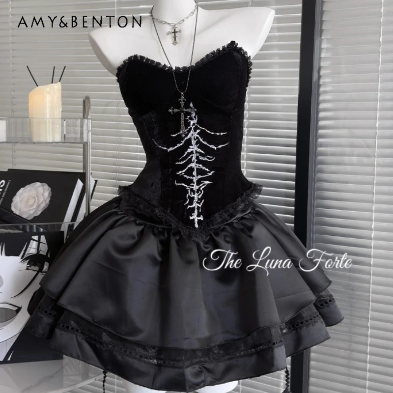 

Gothic Dark Sexy Women's Tube Top 2025 Autumn Winter New Black Velvet Short Skirt Slimming Hot Girl Lolita Skirt Sets Ladies