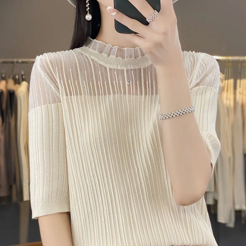 Summer Lace Stitching Ice Silk Knitted Short Sleeve T-Shirt Women Loose Solid Color Mesh Half Sleeve Blouse Thin