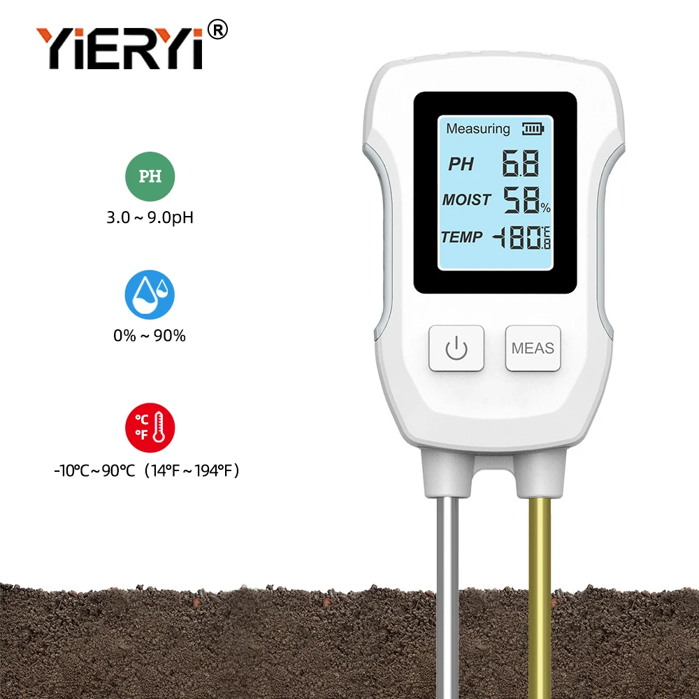 Yieryi Soil PH Meter LCD Digital PH Moisture Temp Tester Dual Needle Acidity Detector for Hydroponics Potted Plants Garden Farm