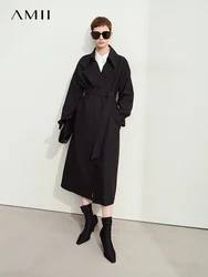 AMII Minimalist Lapel Collar Trench Coat for Women Classic Drop Shoulder Sleeve Belt 2024 Fall Ultra-loose Pleated Coat 12453076