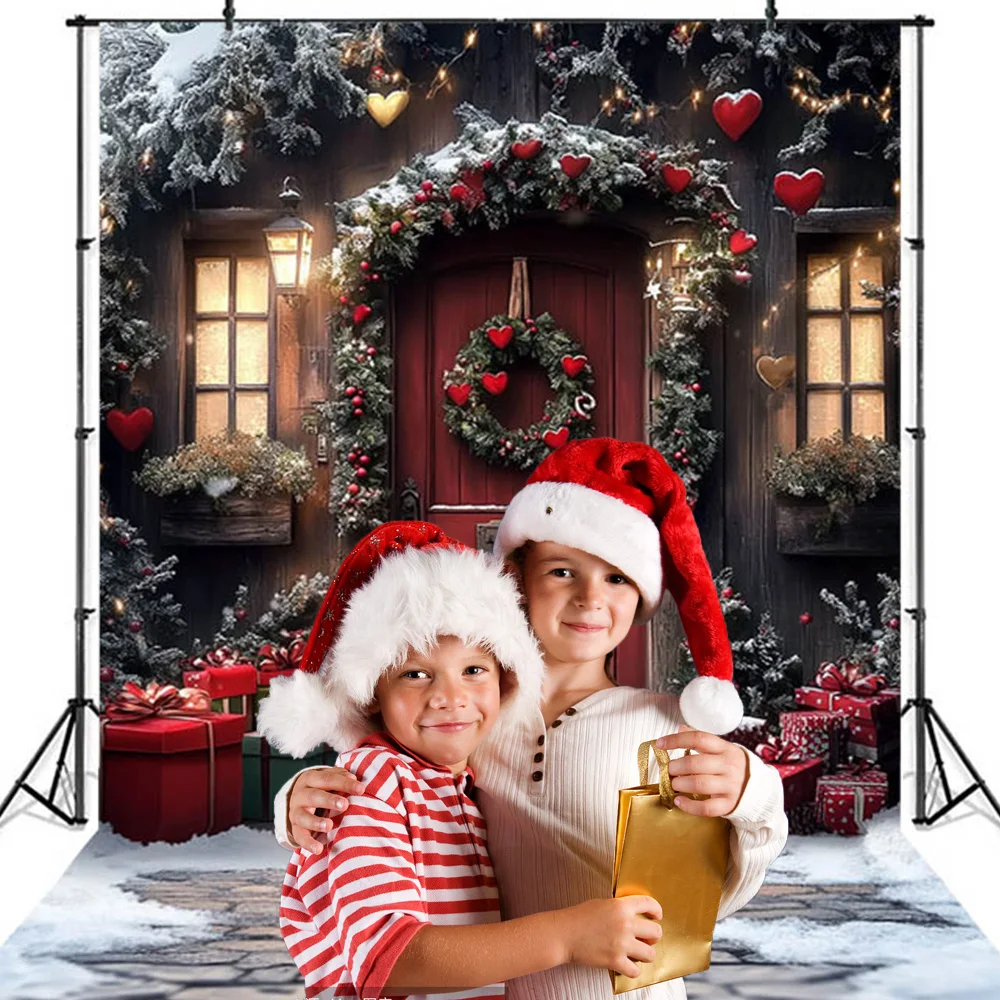 Christmas Photography Background Door Wreath Gifts Snow Christmas Tree Doorstep Decoration Supplies Kids Baby Photo Shoot Props