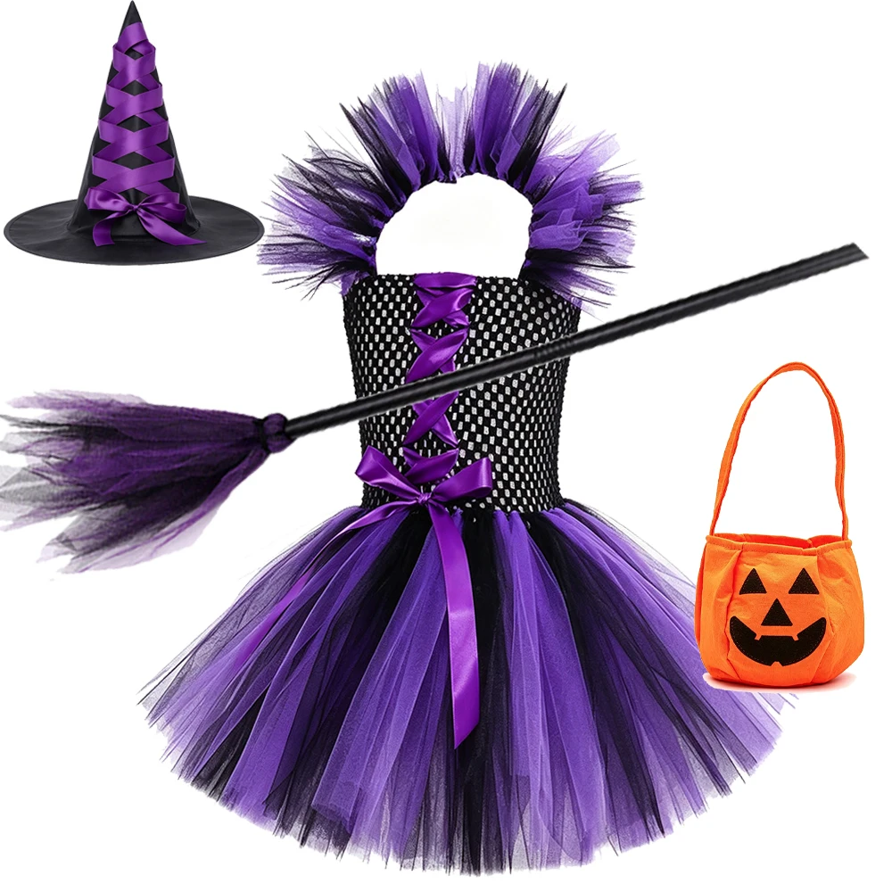 Girl Halloween Cosplay Witch Hat Broom Disguise Costume Dress Up Kids Carnival Party Children Vestidos Outfit 3 Colors