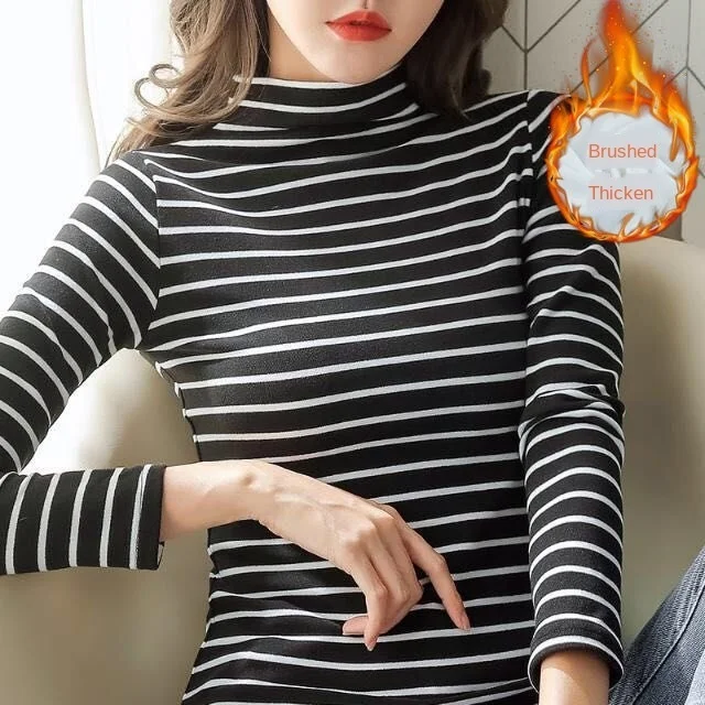 Winter Turtleneck Keep warm T shirts Woman Long Sleeve Casual Tshirt Thick Tops Fashion Striped All Match Simple Female T-shirts