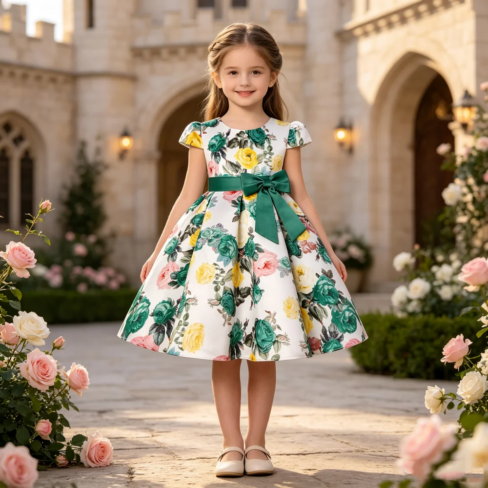 2026 Transnational Mädchenkleid Kinder Prinzessinnenkleid Retro-Print Festliches Kleid Feiertags-Gastgeberinnenkleid Heißer Verkauf