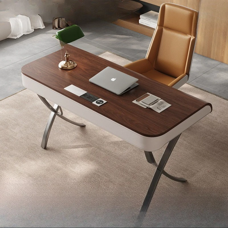 

Stainless steel solid wood study desk walnut surface computer desk