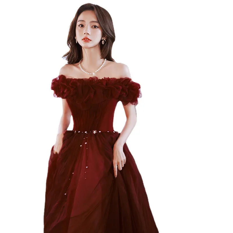 Off The Shoulder Prom Dress Classic Tulle Slim Lace Up Long Banquet Dresses Wine Red Cocktail Party Gowns Vestidos