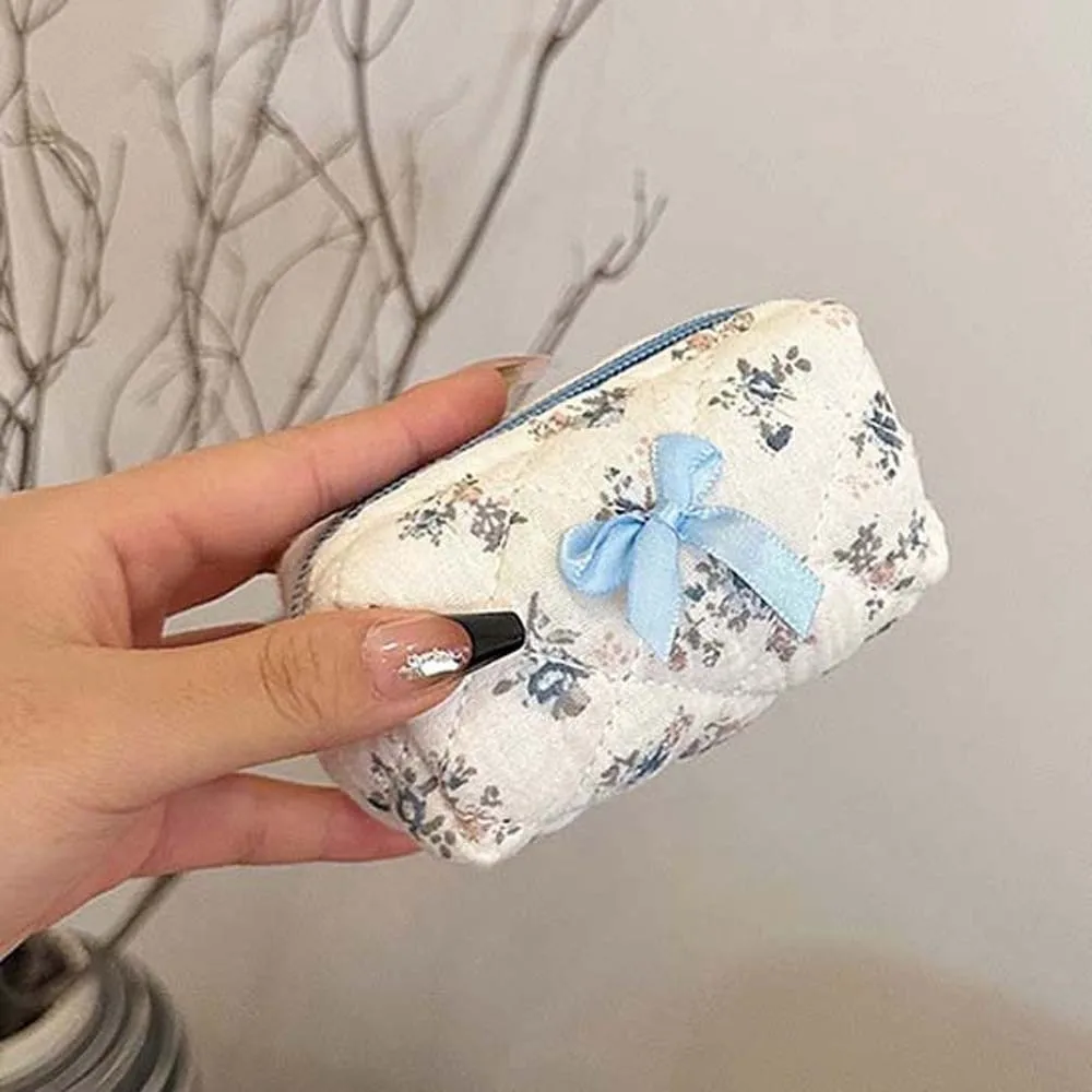 Embroidered Bowknot Mini Makeup Bag Quilted Lattice Soft Cotton Quilted Cosmetic Pouch Floral Print Compact Size