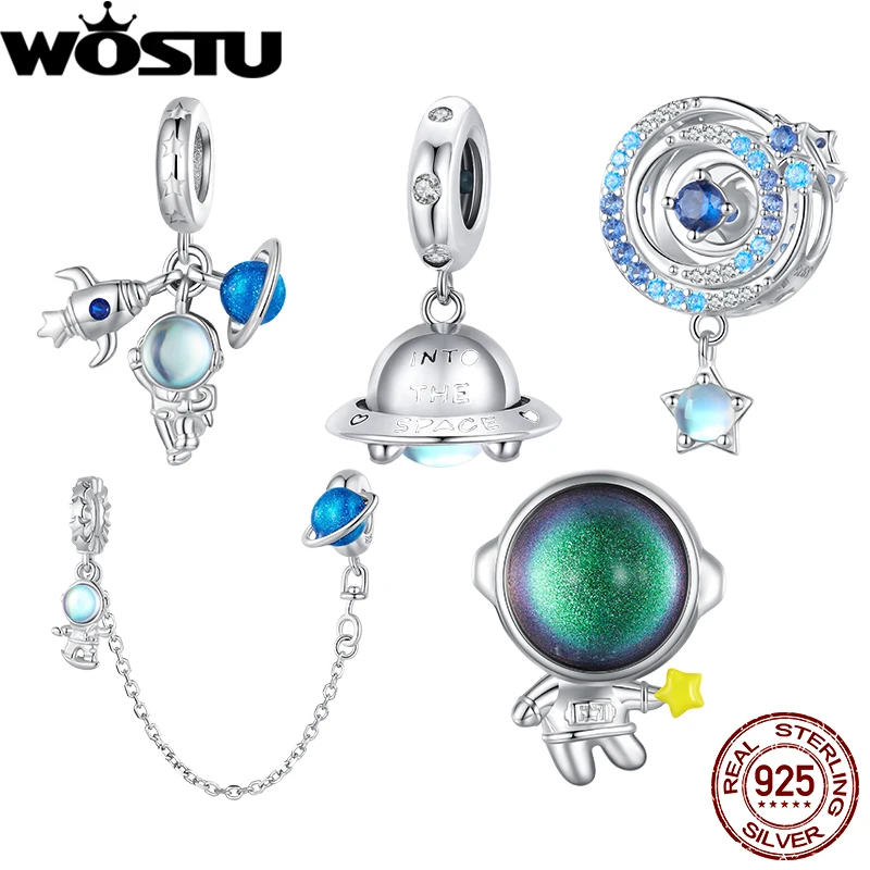 

WOSTU 925 Sterling Silver Astronaut &Starry Sky Bead Spaceship Pendant Safety Chain for Women Fit Bracelet Necklace Jewelry Gift