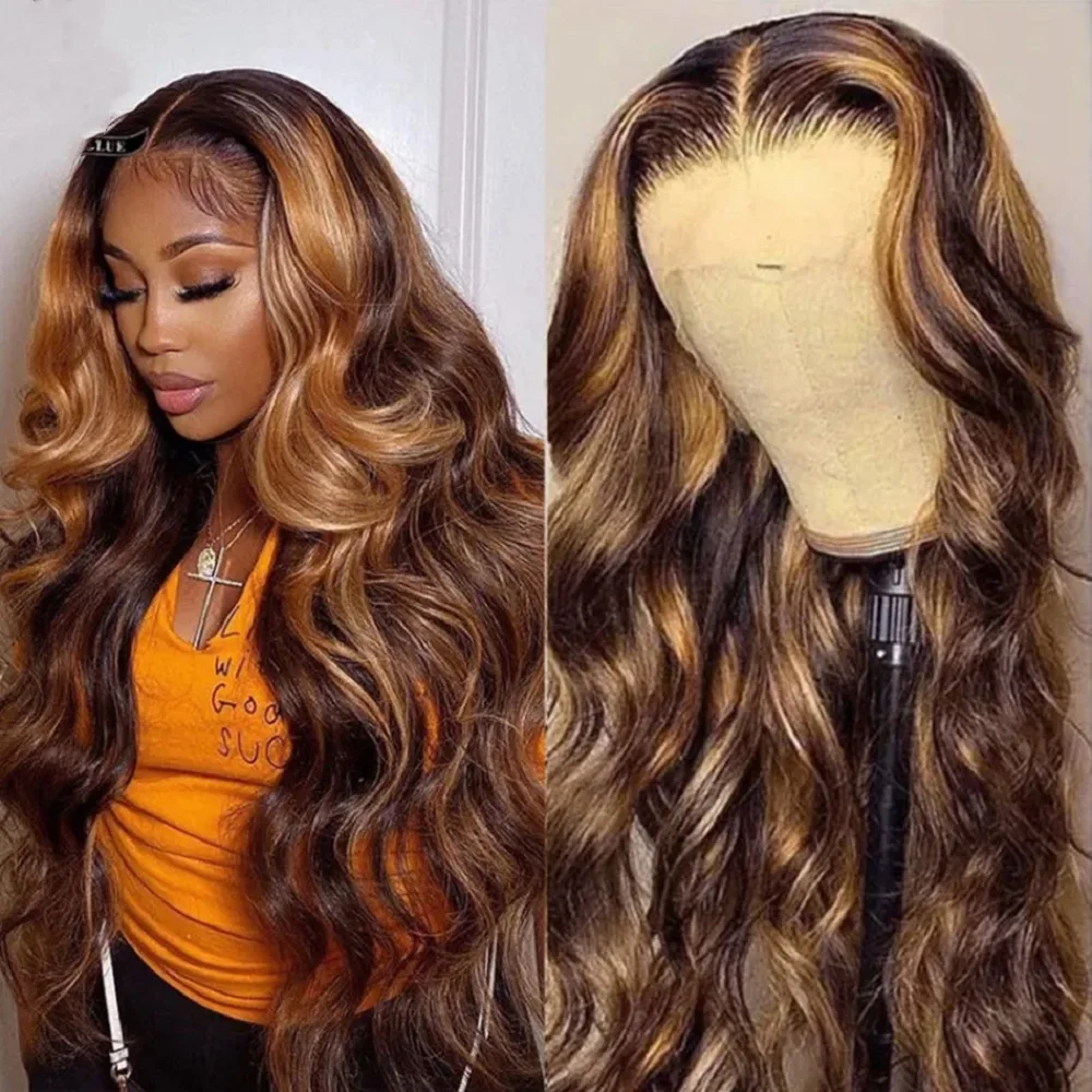 44 46 Inch P4/27 Highlight Body Wave Lace Front Wigs Human Hair Chocolate Omber Colored 13x4 13x6 HD Full Lace Frontal Wigs