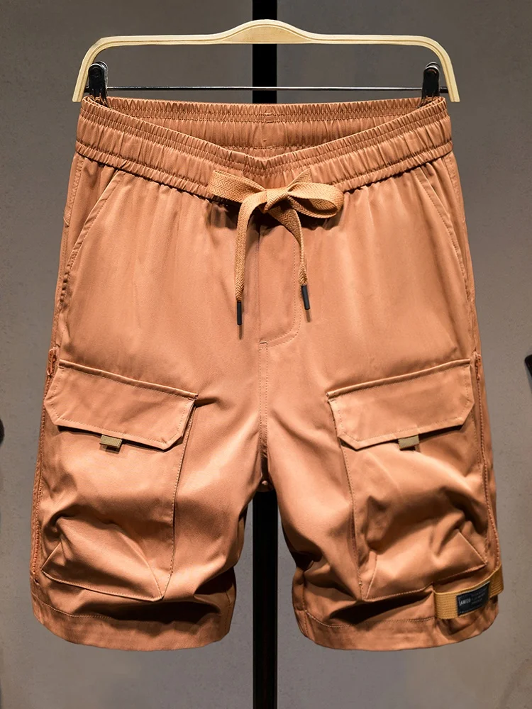 

Летние тонкие повседневные шорты для мужчин, модные, с несколькими карманами, эластичным поясом на шнурке, брюки до колена, трендовая рабочая одежда, свободный крой