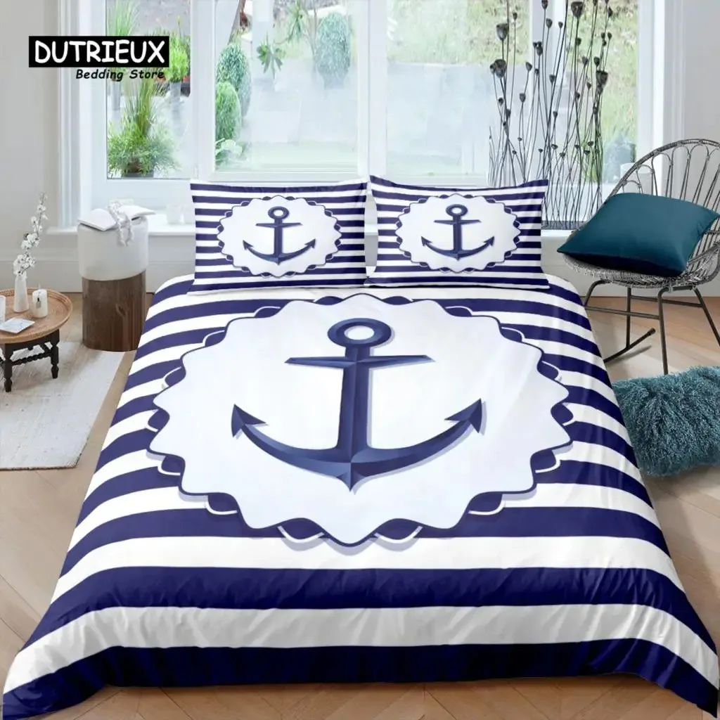 

Home Living Luxury 3D Anchor Bedding Set Blue Stripes Duvet Cover Pillowcase Queen and King EUUSAUUK Size Comforter Bedding