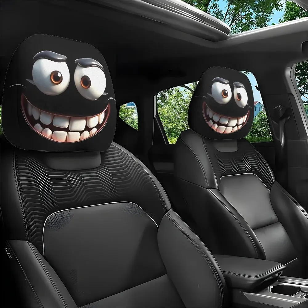 

2pcs Smiley Face Printed Car Pillowcase Soft Comfortable Decorative Cushion Cover Auto Seat Headrest Washable Polyester Fabric