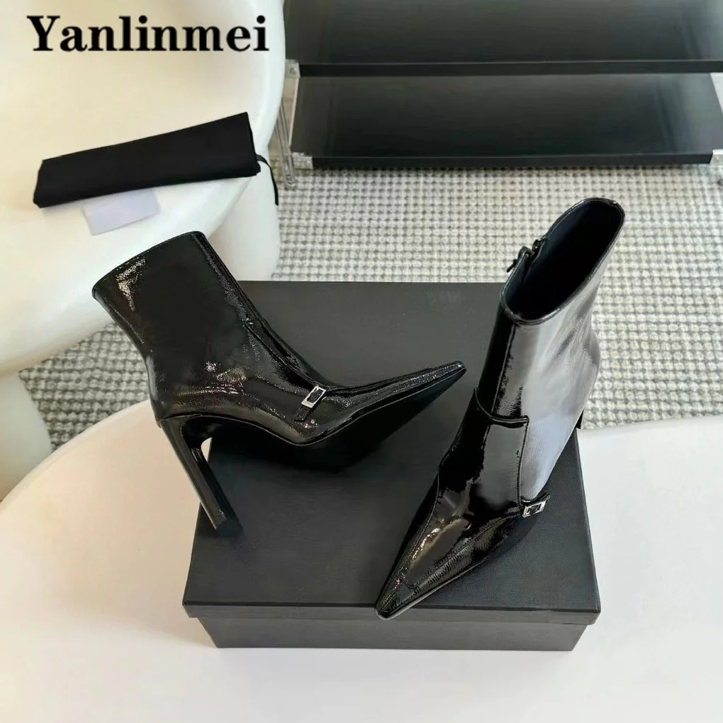 Sexy High Heels Short Boots Women Pointed Toe ZIP Runway Shoes Genuine Leather Modern Boots Black Ankle Boots Woman Botas Mujer