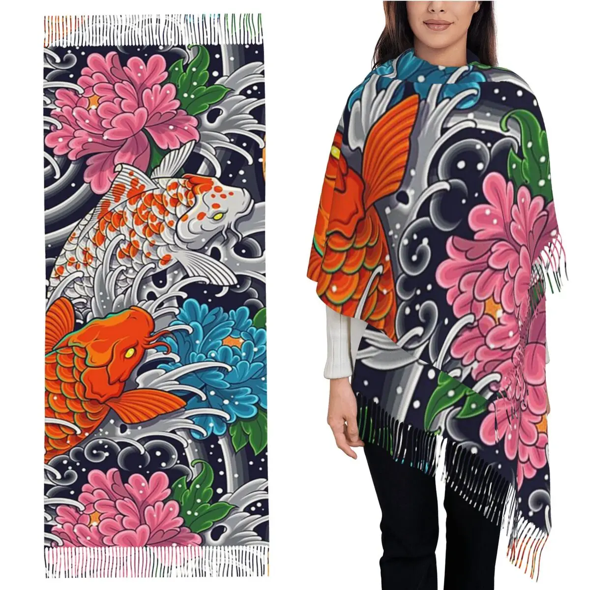 

Koi Fish And Floral Pattern Scarf Tassel Scarves for Women Soft Warm Shawls and Wraps Long Fall Winter Shawl Wrap