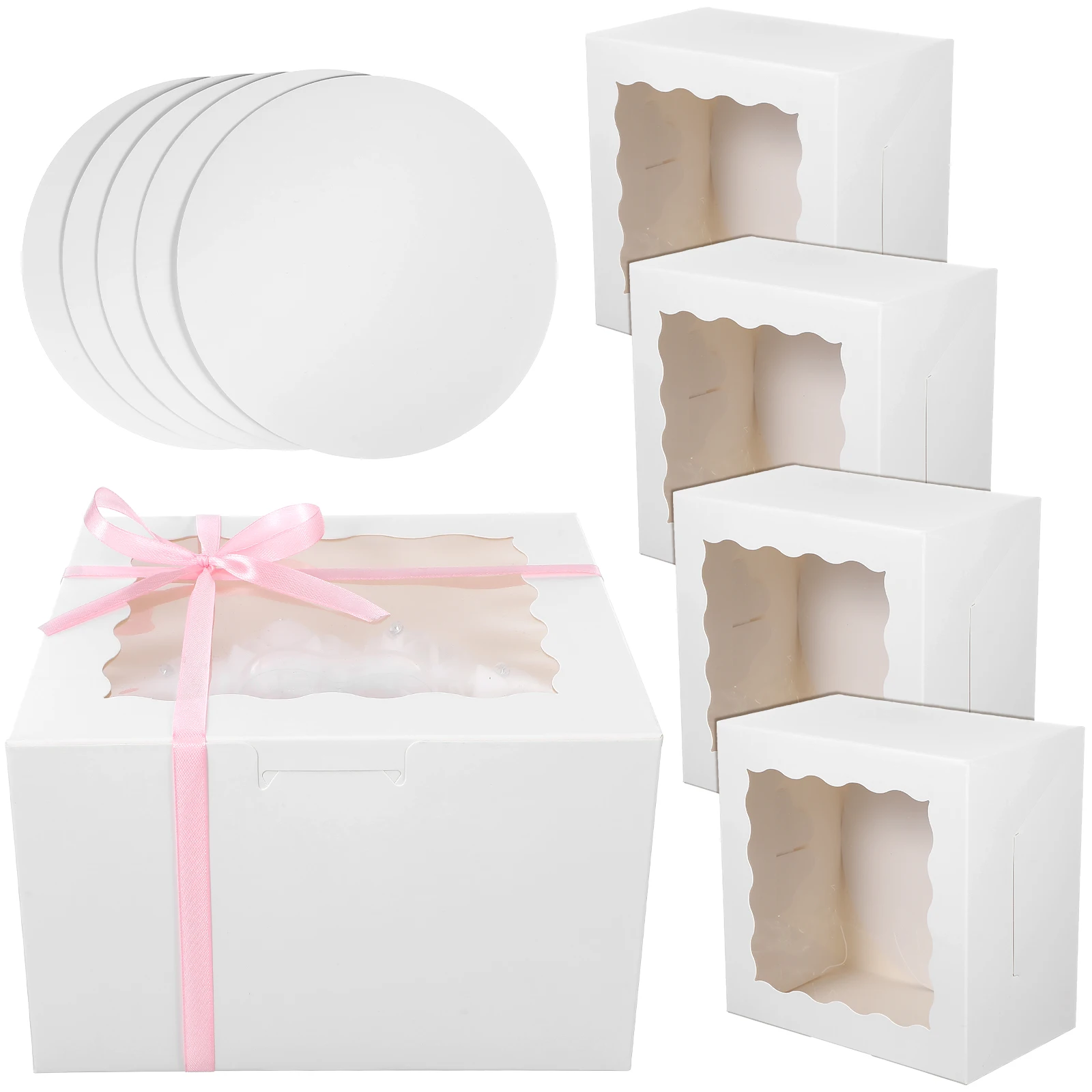 

5 Sets 8x8x5 Inch Cake Boxes White Windowed Sturdy Paper Pastry Containers Lids Easy Assembly Disposable Cake Supplies