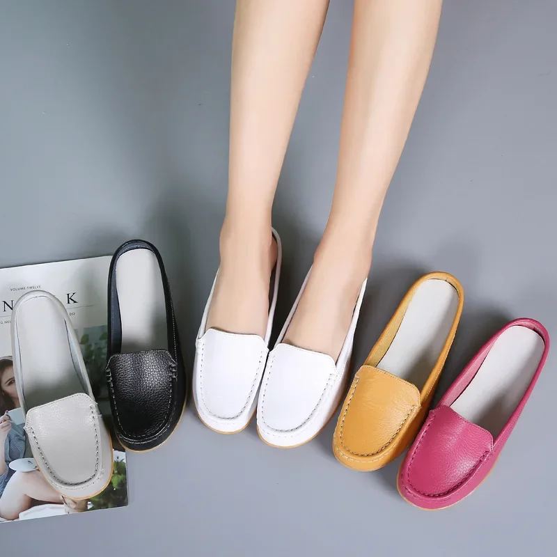 Summer Genuine Leather Women Flats Hollow Slip On Leather Loafers Ladies Shoes Korean Style Soft Moccasins Half Slippers Size 43