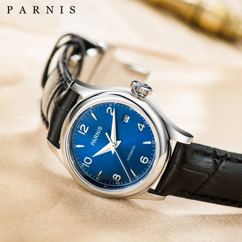 Parnis-reloj mecánico automático con esfera azul para mujer, pulsera de lujo con correa de cuero y cristal de zafiro, 26mm