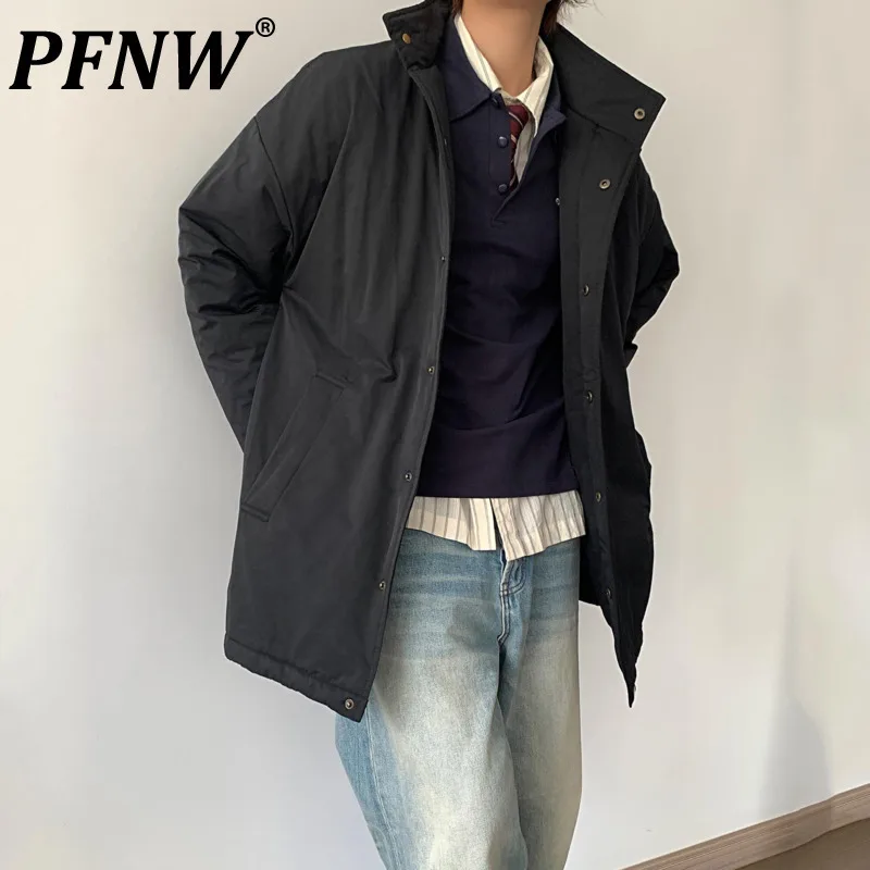 Pfnw 2024 inverno coreano médio longo oversize marrom quente jaqueta de algodão gola maré solto zíper algodão-acolchoado casaco 12c1557