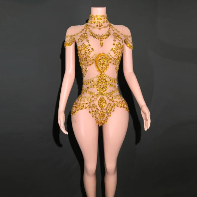 Design Sense Heavy Industry Hot Diamond Mesh Onesie Dance Suit Nightclub Bar Performance Suit Spice Girls Sexy Dresses For Women