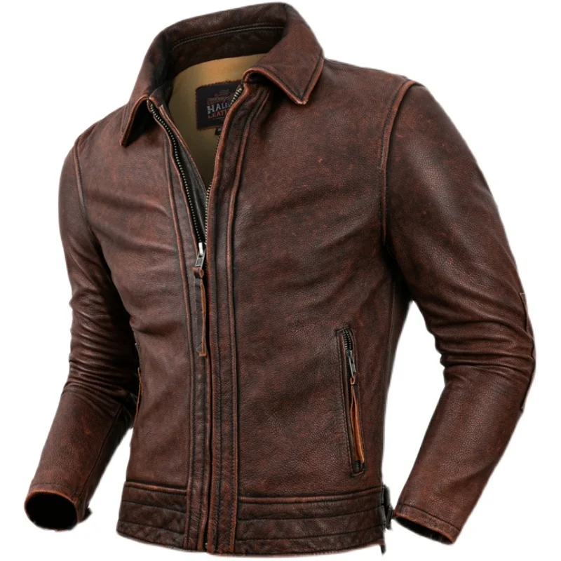 Vintage Brown Spring Men's Jacket American Retro Style Plus Size 5XL Natural Cowhide Autumn Slim Fit Casual Genuine Leather Coat