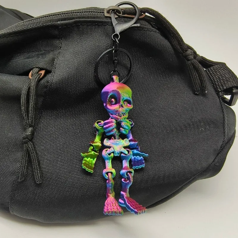 3D Printed Articulated Skeleton Keychain Glow in Dark Movable Joint Skull Figure Key Ring Halloween Gothic Backpack Pendant Gift
