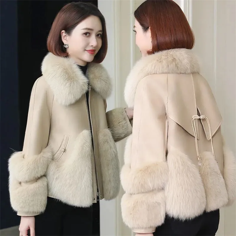 Jackets and Coats Fox Fur Collar Coat Winter Fur Coat Women Clothes High Quality Overcoat Thicken Warm Pu Leather Jacket Female