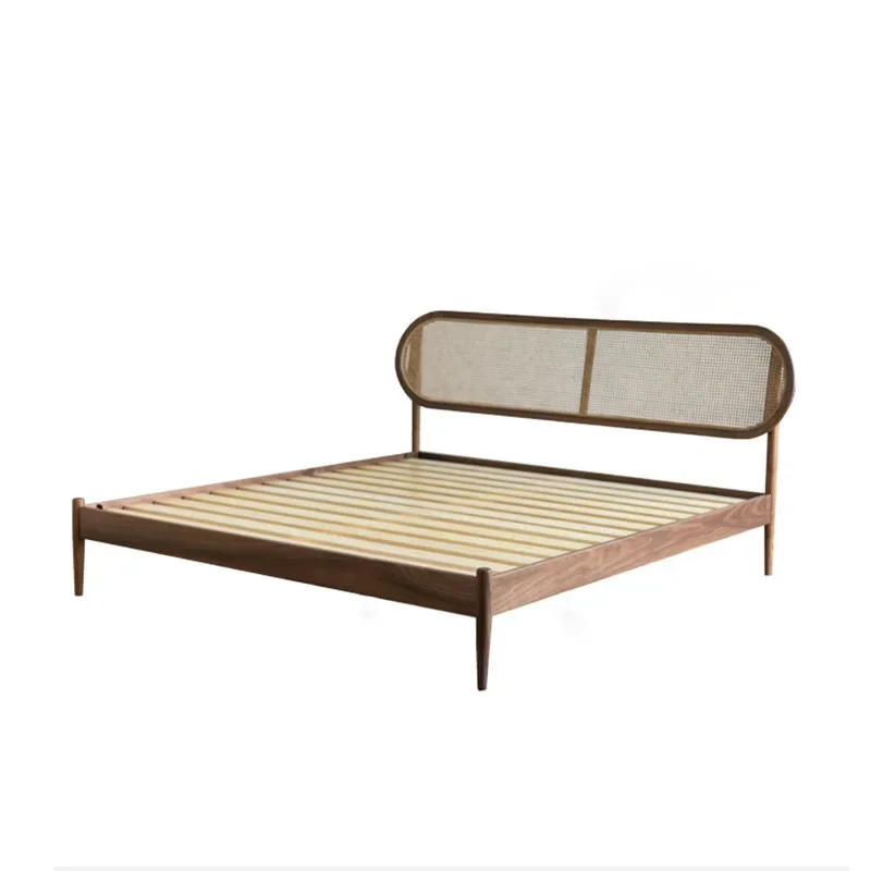 

North American black walnut bed light luxury, retro Nordic solid wood bed simple design rattan