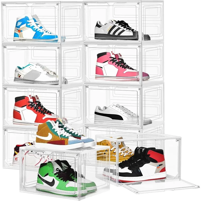 

10 упаковок коробки-органайзеров для обуви, прозрачные пластиковые штабелируемые контейнеры для хранения для шкафа, складная компактная коробка для обуви, размер 12.