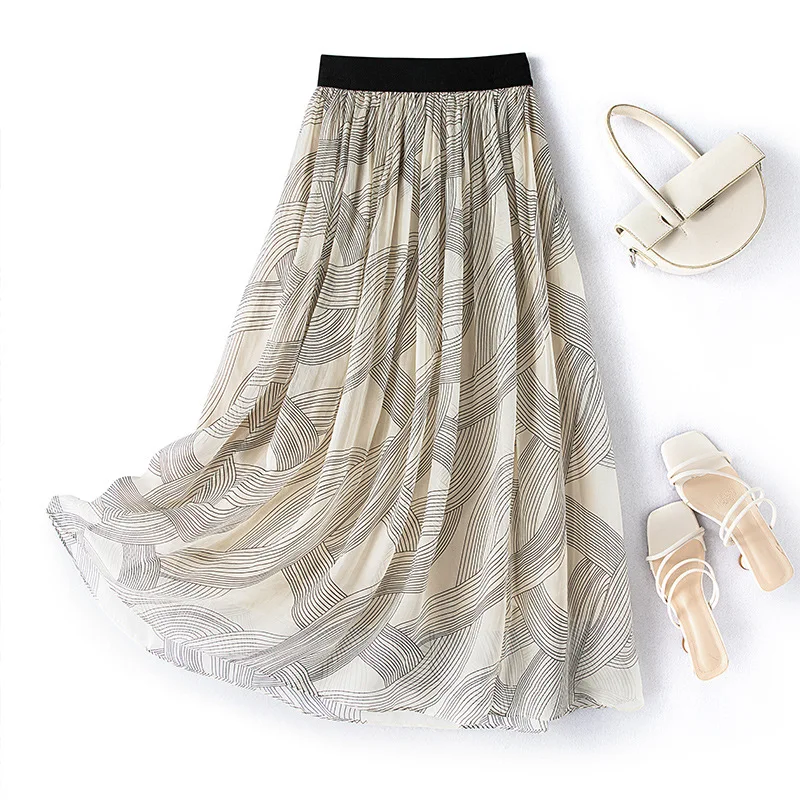 Elegant Fashion Skirt for Women, 100% Mulberry Silk, A-line Elastic High Waist Printing, Long Skirts, Summer, 2023