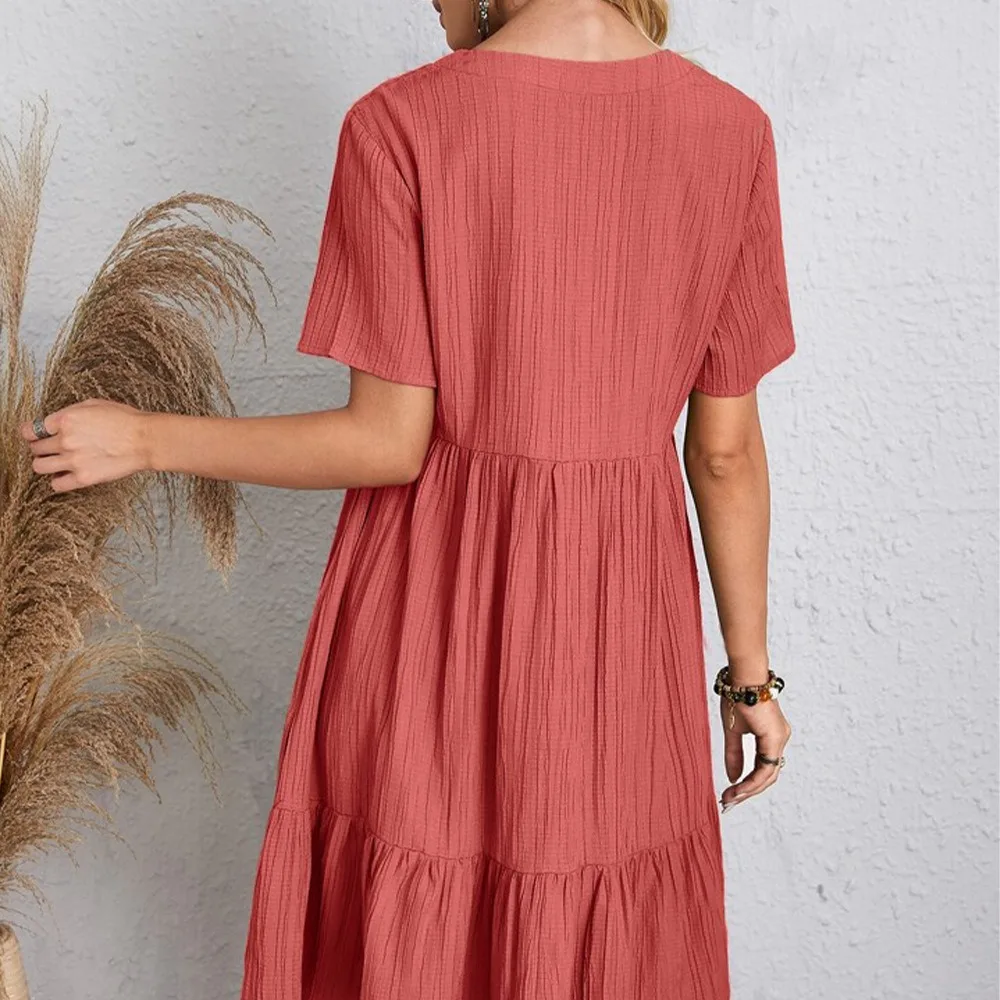 Women Summer Dresses Spring V-Neck Short Sleeve Loose Waist Ruffle Fit Flare Vocation Dresses