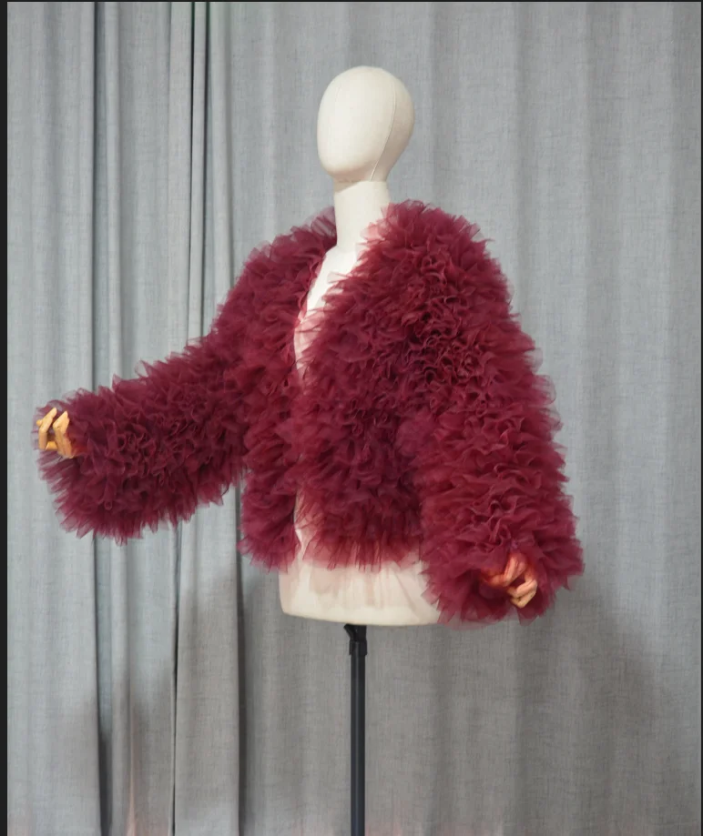 Custom Size Ruffle Tulle long sleeves Jacket Wedding fluffy Bolero Wrap Bridal Accessory