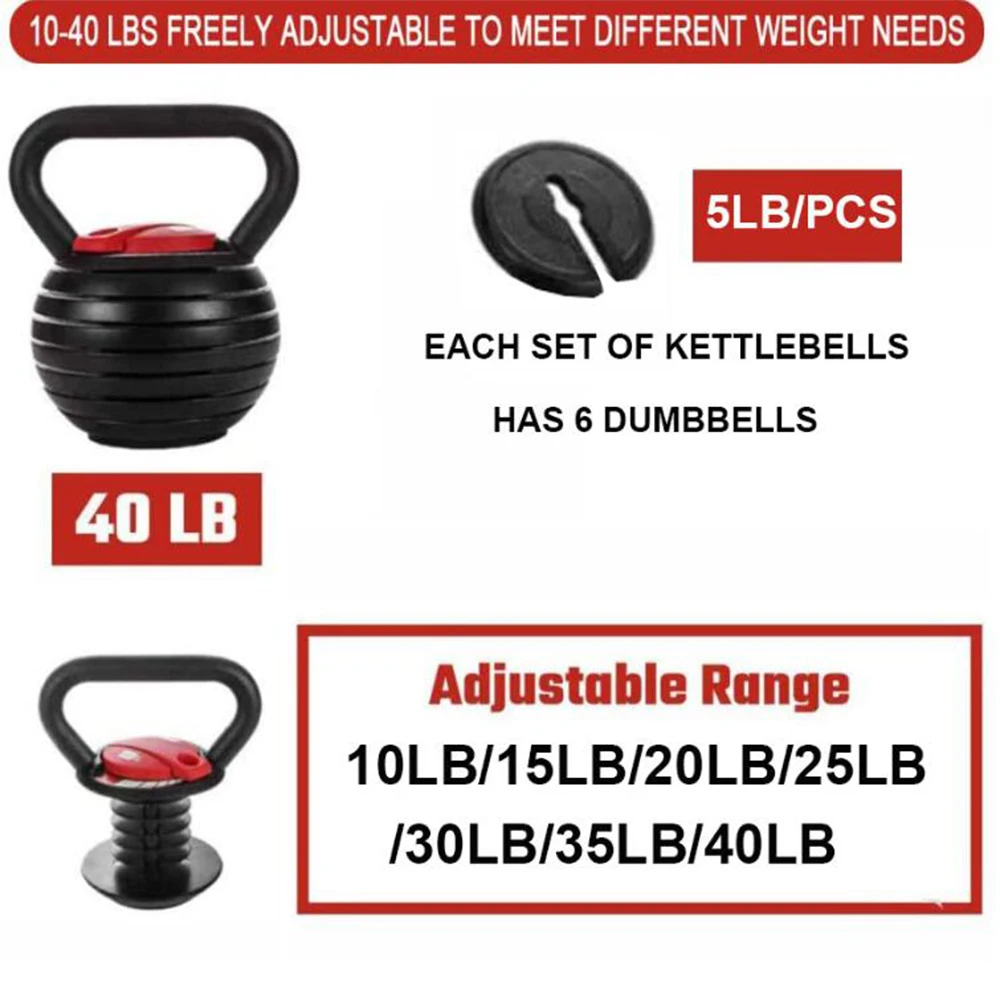 Żeliwny 10-40LBS regulowany Kettlebell do ćwiczeń, podnoszenia ciężarów, kondycjonowania, treningu siłowego i podstawowego