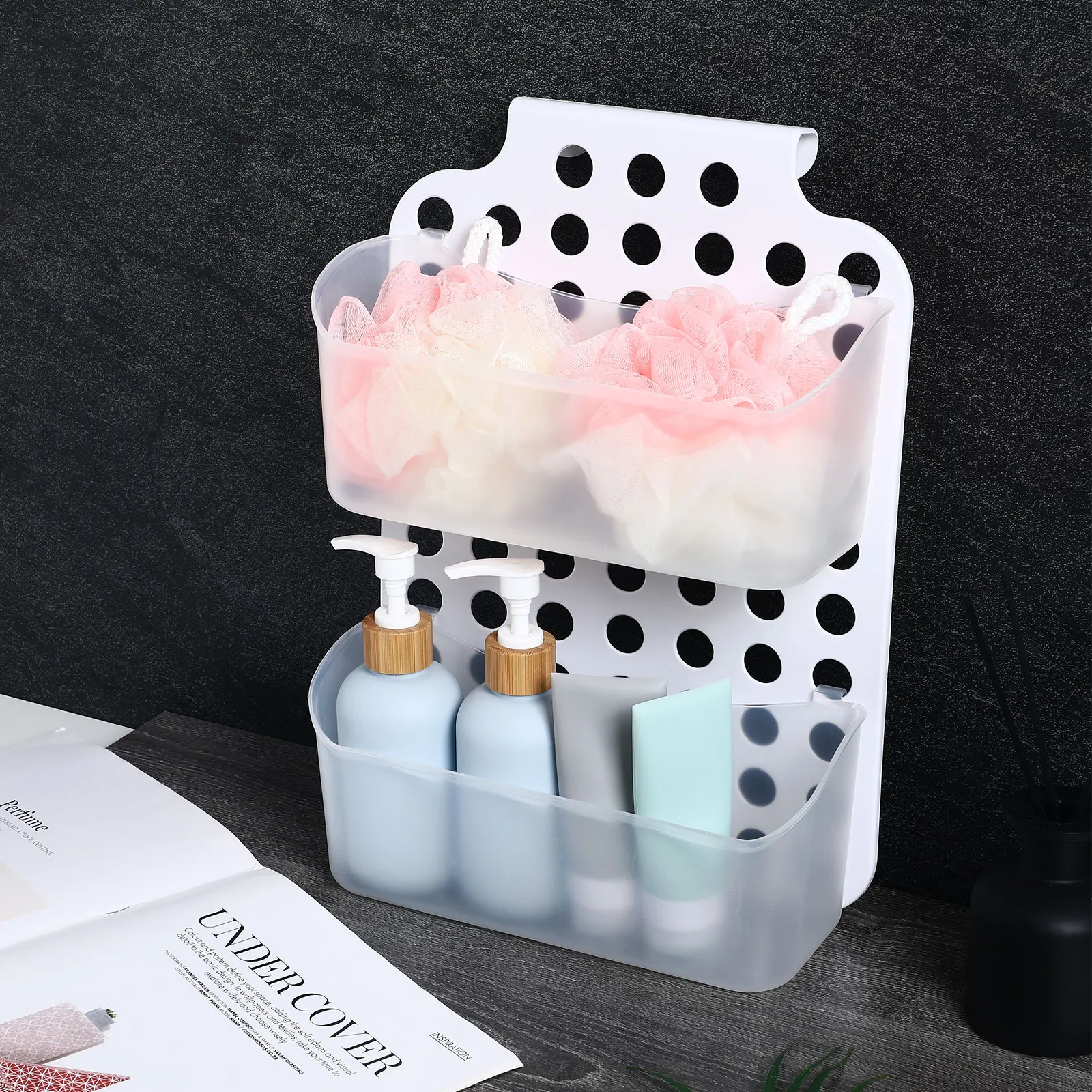 Double Layer Basket White 2-Tier Bathroom Bathroom Rack Adjustable Height Shower Organizer Kitchen Office