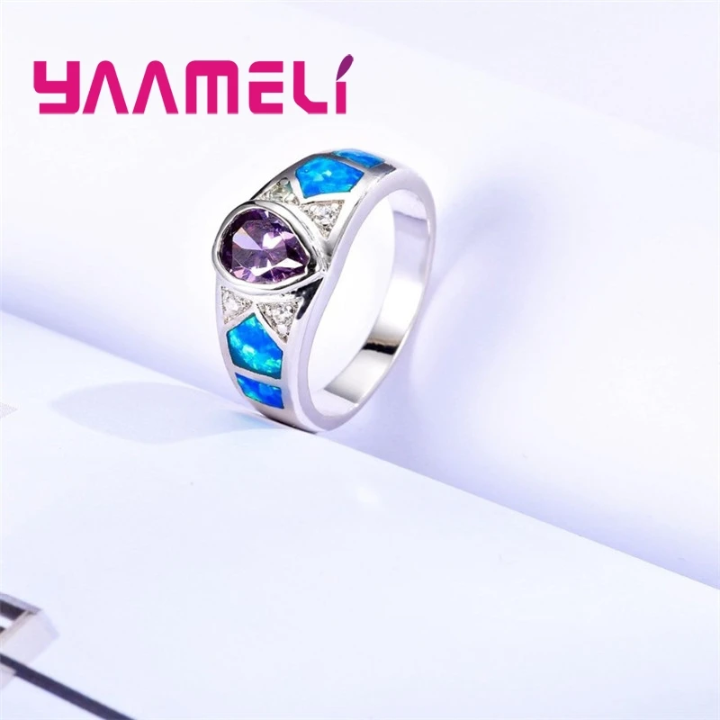 Winter Sale Exquisite Charming Water Drop Crystal Silver Ring Wide Blue Fire Opal Fashion 925 Sterling Silver Jewelry for Women