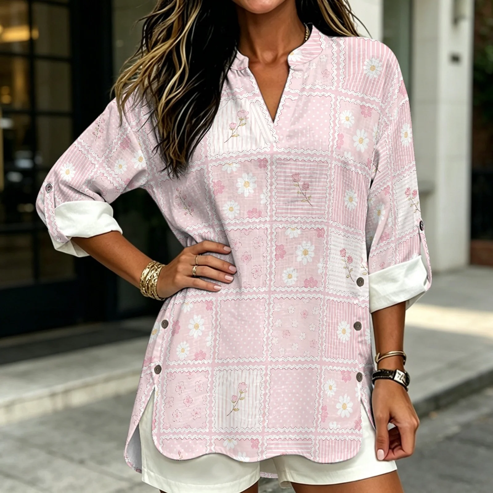 PENSTROLL Pink Floral Patchwork Side Slit Casual Blouses for Travel Linen Like V Neck Blouses Sizes S-5XL