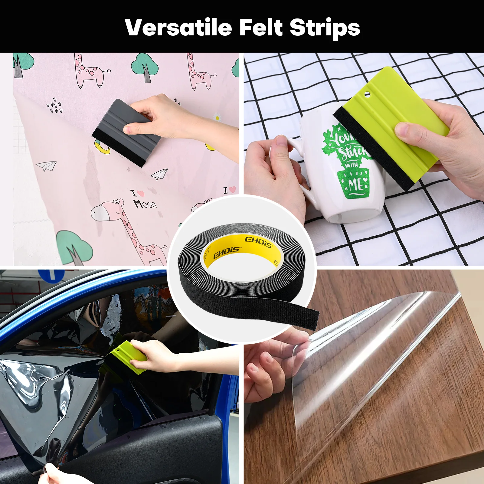 EHDIS Car Squeegee Spare Felt Edge Cloth No Scratch Protect Buffer Patch Self Adhesive Felt Edge 2Pack 5-Meter Felt Roll