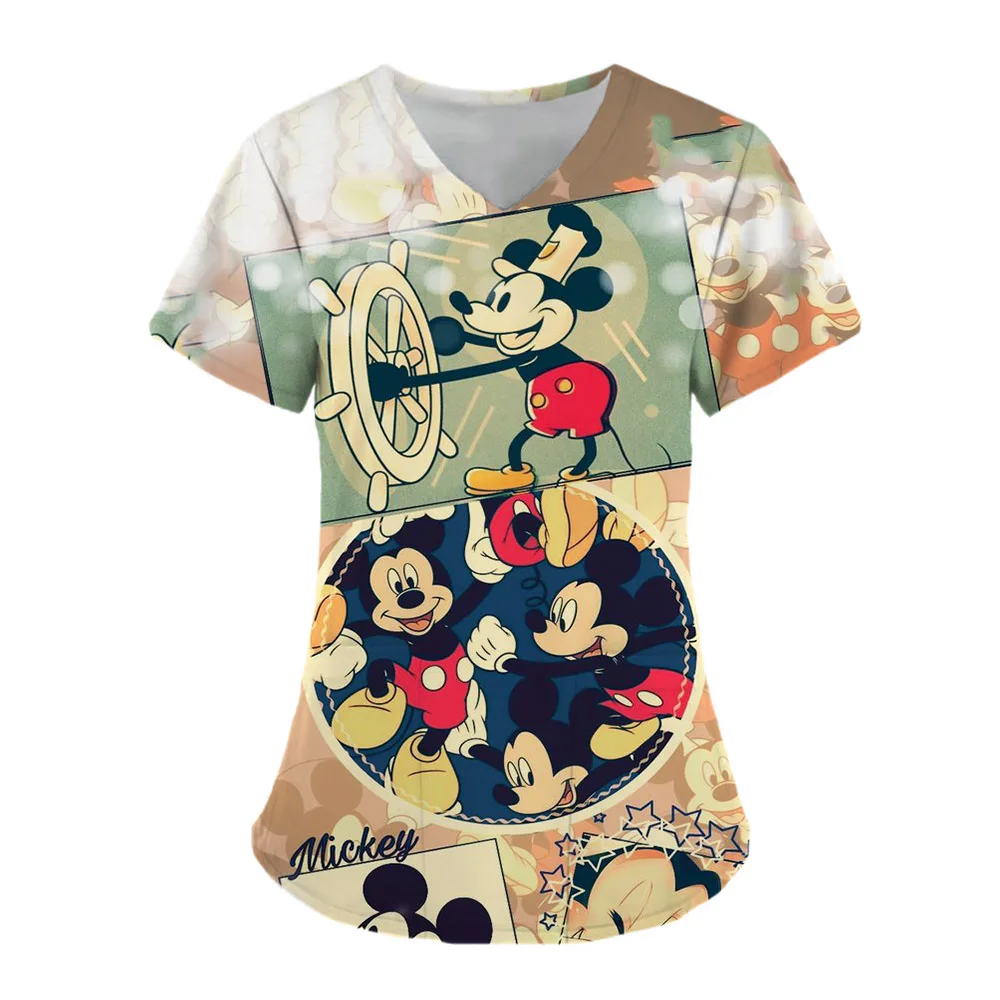 Vrouwen Verpleegster Uniform Disney Mickey Mouse Print Medische Korte Mouw V-Hals Tops Werkende Verpleegster Uniform Tshirt Met Zakken