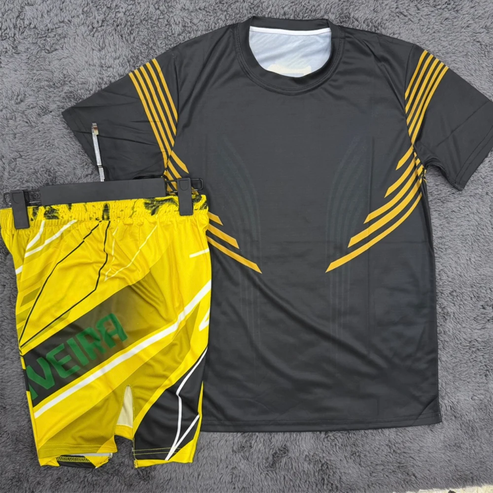 Summer Charles Oliveira MMA Yellow Edition Boxing Fighting Tee Shorts Men Quick-Dry Jersey Wrestling Running Sweat Absorbing Set
