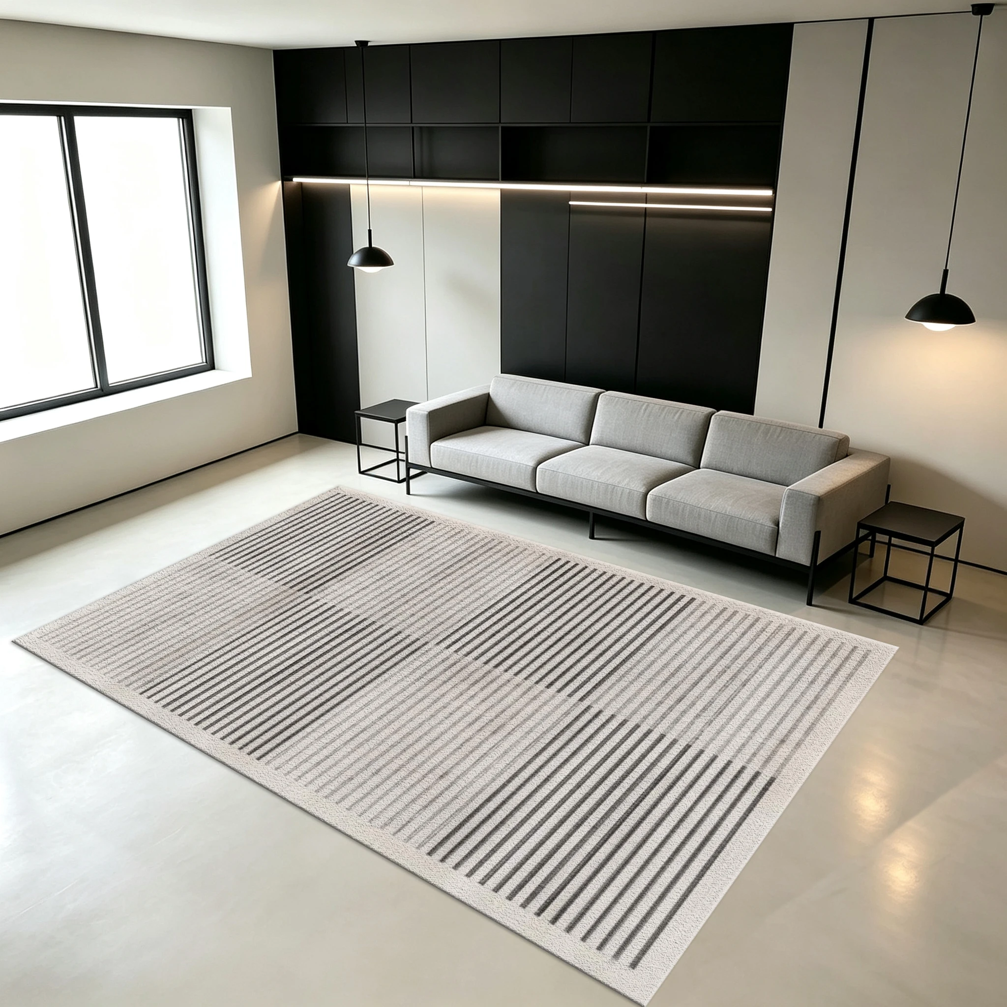 Modern Minimalist Vertical Striped Carpet Floor Mat, Neutral Beige Square Carpet, Soft Non-Slip Floor Mat Suitable for Living Room and Bedroom