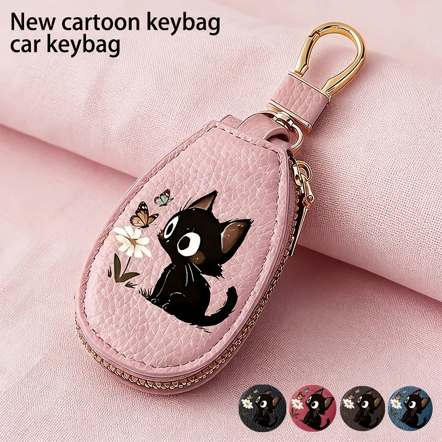 2026 New Cartoon Cat Car Keychain Cover PU Leather Men's Key Bag Home Service Key Storage Bag Zipper Key Case Wallet