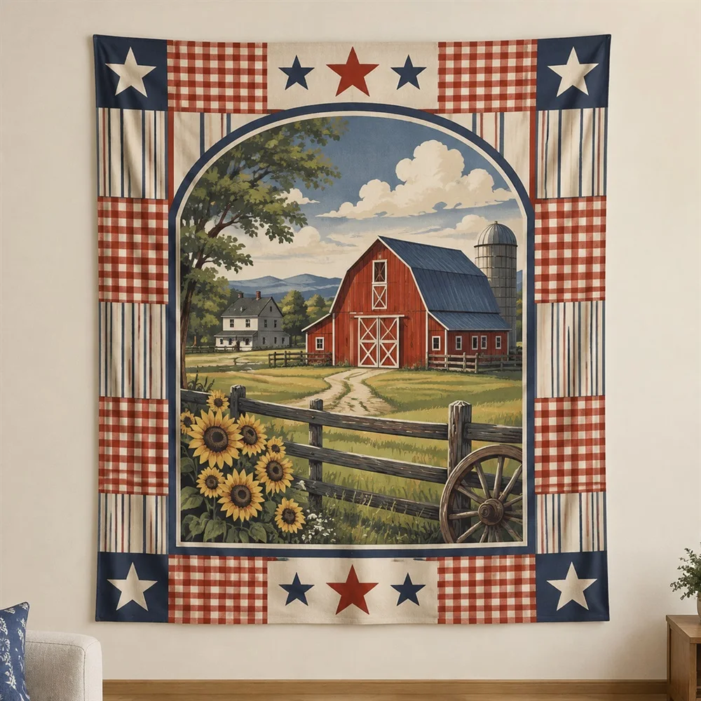 VIKAMA Plaid Check Pattern Framed Panel Tapestry Wall Hanging, American Wall Decor Tapestries for Nursery Kids Room Bedroom