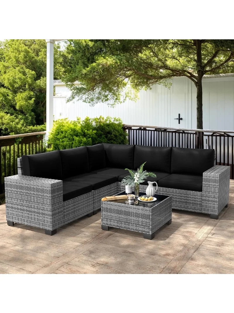 Outdoor Sectional Furniture Set 6-piece Grey Rattan Wicker Conversation Sofa Set with Glass Top Table and Waterproof Covers